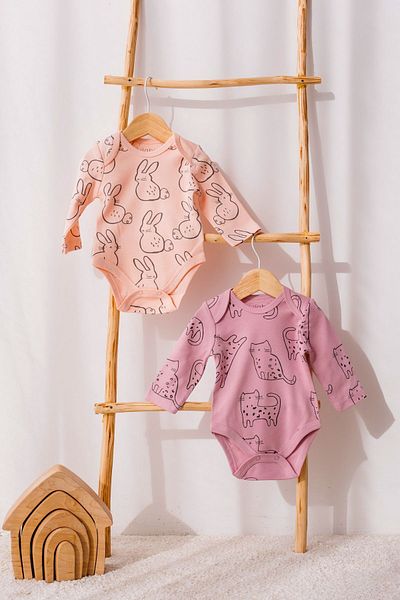 Lilabio 100% Cotton 2 Pack Printed Long Sleeve Baby Body