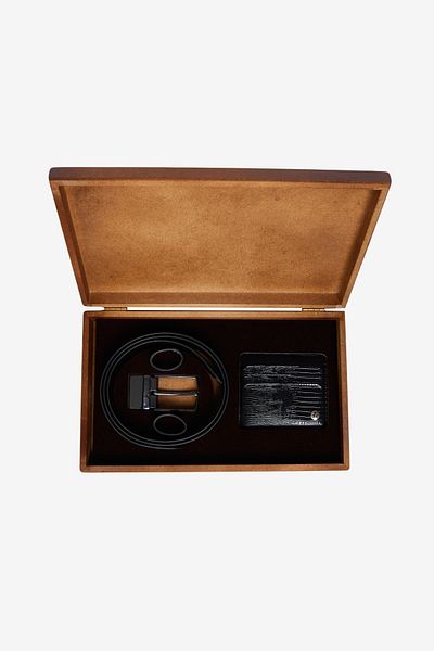 ALTINYILDIZ CLASSICS Ανδρική Μαύρη Ειδική Ξύλινη Ζώνη με Κουτί δώρου - Σετ αξεσουάρ θήκης κάρτας Πακέτο γαμπρού