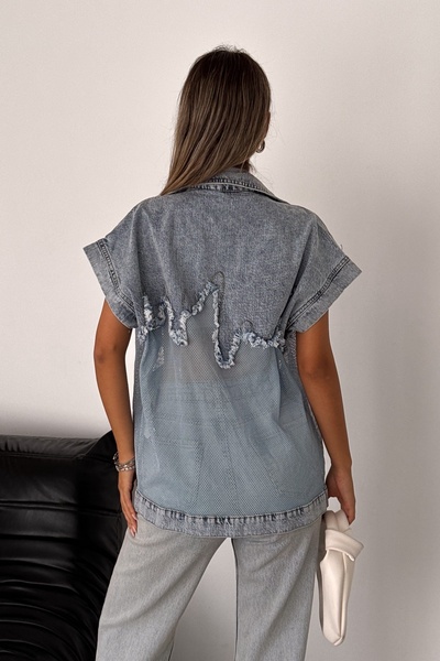 FEMELLE Kadın Lacivert Püsküllü Mavi File Detaylı Cepli Tasarım Jean Kot Yelek