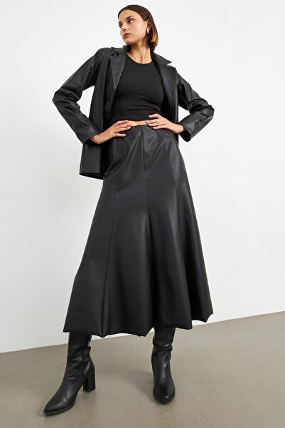 STELLA PULVIS Siyah Beli Lastikli Suni Deri Maxi Etek