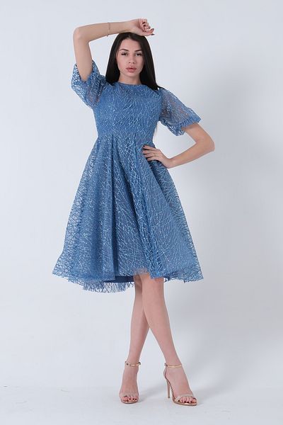Feminist Midi Length Short Round Neck Glittery Tulle Evening Dress Indigo6502459