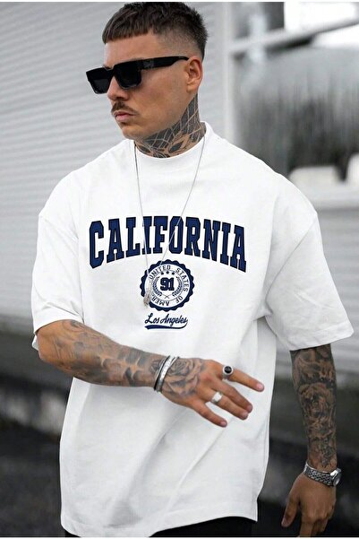 HIRSCH تي شيرت أبيض كبير الحجم مطبوع عليه كاليفورنيا للجنسين