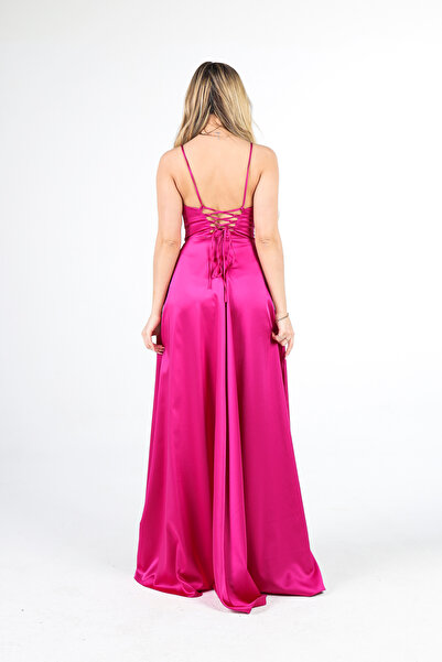 Feminist Slit Detailed Satin Evening Dress Fuchsia4522348