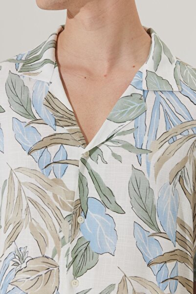 AC&Co / Altınyıldız Classics Ekrü-khaki vászon nagyméretű ing - kubai gallérral, nyomott