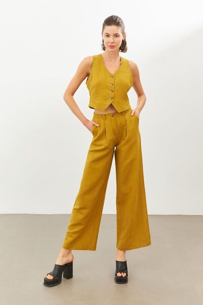 STELLA PULVIS Mustard Linen High Waist Wide Leg Trousers