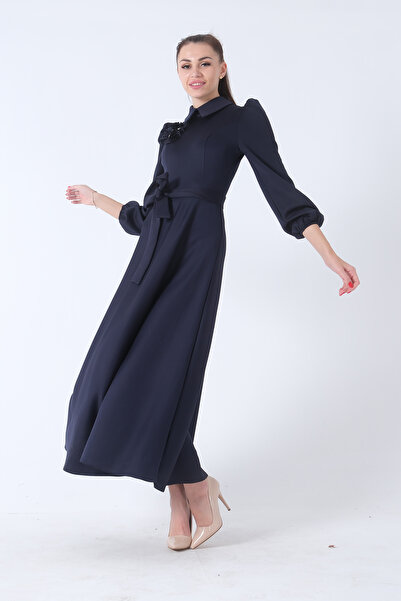 Feminist Kemer Bağlamalı Kloş Elbise Lacivert 4593260