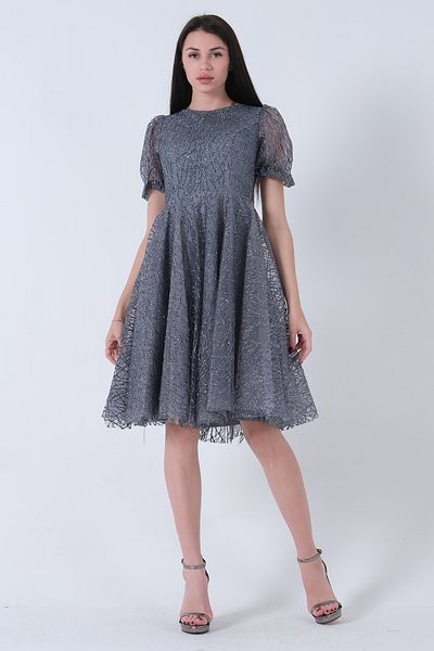Feminist Midi Length Short Round Neck Glittery Tulle Evening Dress Gray6502459