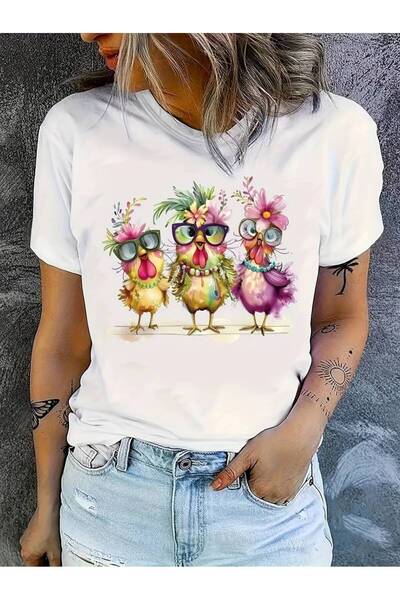 GALASHOP Renkli Tavuk Desenli Kadın T-shirt