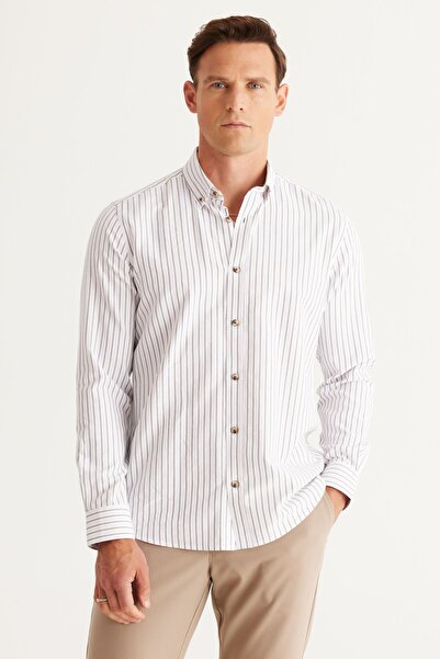 AC&Co / Altınyıldız Classics Men's White Camel Slim Fit Narrow Cut Classic Collar Cotton Striped Shirt