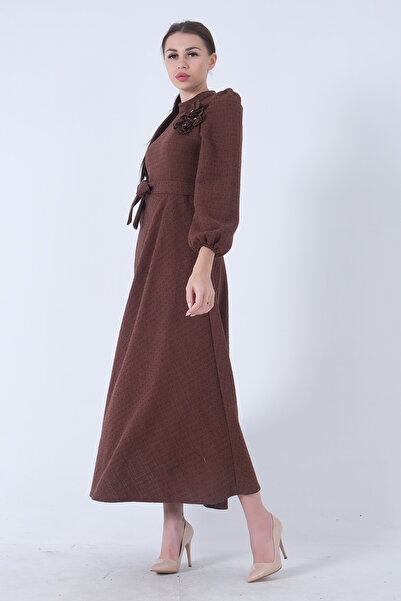 Feminist Φόρεμα με λουλούδια από ύφασμα Tweed με ελαστικά μανίκια φορητό φόρεμα καφέ 4593267