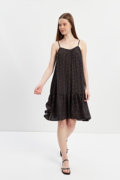 STELLA PULVIS Siyah İp Askılı Fırfırlı Midi Elbise