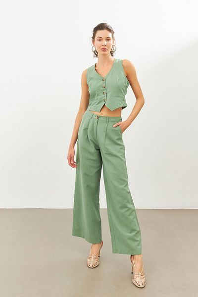 STELLA PULVIS Green Linen High Waist Wide Leg Pants