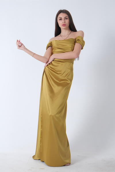 Feminist Drape Detailed Satin Fabric Evening Dress Pistachio9704858