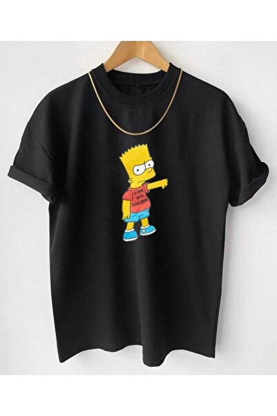 HIRSCH تي شيرت أسود كبير الحجم للجنسين برقبة دائرية مطبوع عليه بارت سيمبسون