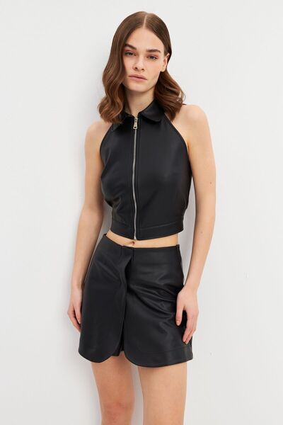 STELLA PULVIS Bluză neagră fără mâneci cu fermoar cu aspect piele