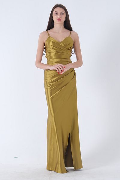 Feminist Back Low-cut Slit Long Satin Evening Dress Pistachio4522004