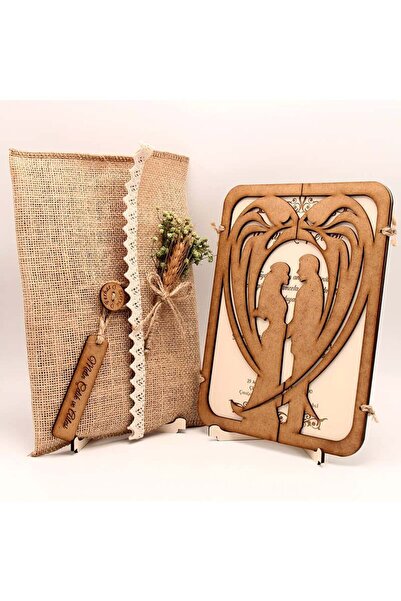 Mekece Ahşap Düğün Davetiyesi AHD-3014 | Gelin Damat Figürlü Davetiye - 10 Adet