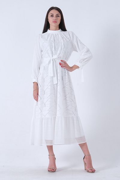 Feminist White Hijab Dress - Mobile Belt, Ankle Tie, Lined4571289