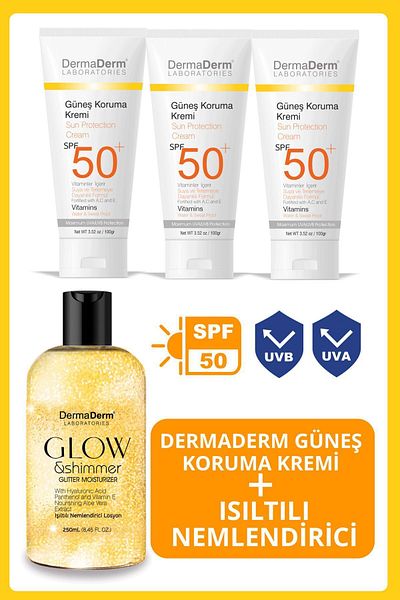 DermaDerm SPF50+ Sunscreen - 100Ml 3 Pieces and 250Ml 1 Piece Dermaderm Radiant Moisturizer