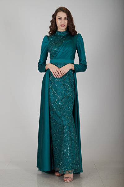 Feminist Sim Detaylı Kuyruklu Tesettür Saten Abiye Elbise Zümrüt 6502390