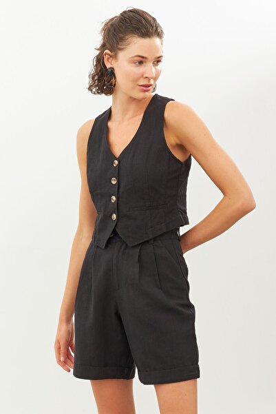 STELLA PULVIS Siyah Beli Lastikli Keten Şort