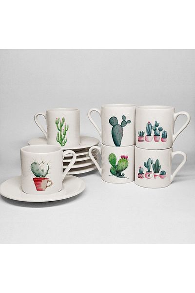 UADAC Cactus Themed Printed Porcelain Set of 6 Turkish Coffee Cups