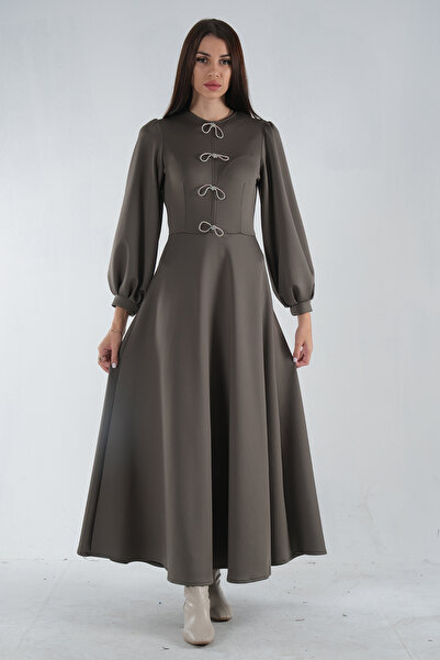 Feminist Önü Simli Balon Kol Elbise Haki 5305031