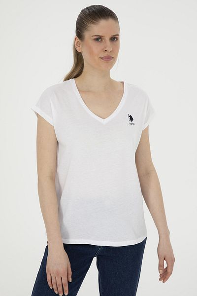 U.S. Polo Assn. Tricou de bază cu decolteu în V pentru damă - 100% bumbac