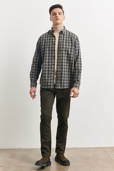 ALTINYILDIZ CLASSICS Ανδρικό ανθρακί-πράσινο πουκάμισο Comfort Fit Relaxed Cut Button Collar Checked Flannel Lomberjack