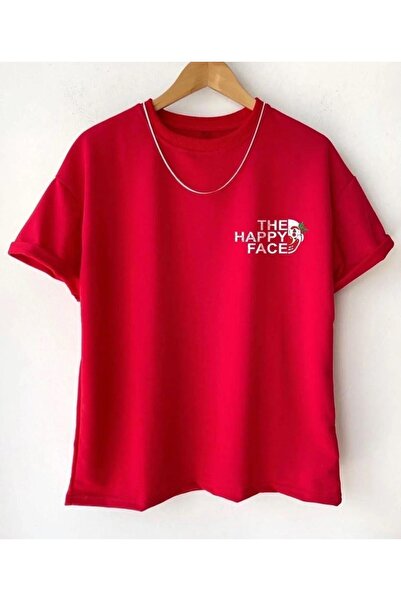 HIRSCH تي شيرت أحمر كبير الحجم للجنسين برقبة دائرية مطبوع عليه وجه سعيد