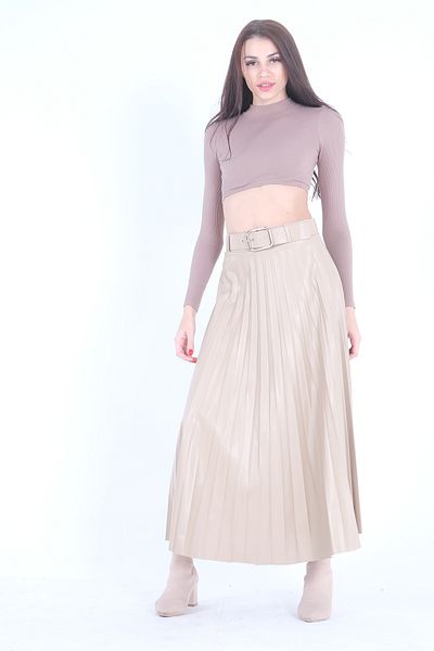 Feminist Pleated Leather Skirt Beige4591002