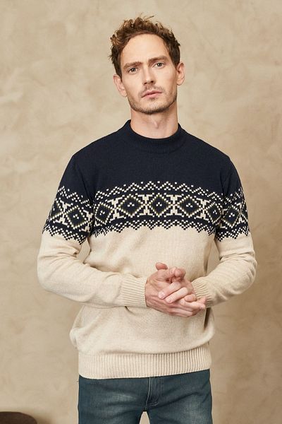 AC&Co / Altınyıldız Classics Men's Navy Blue-beige Standard Fit Regular Cut Half Turtleneck Ruffled Soft Textured Knitwear Sweater