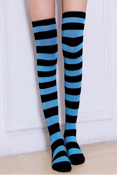 Design Socks Дамски черно-сини раирани памучни чорапи над коляното - Чорапи с шарки