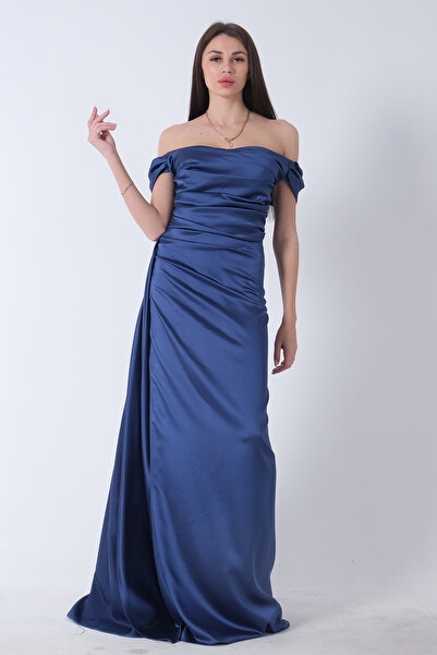Feminist Drape Detaylı Saten Kumaş Abiye Elbise Indigo 9704858