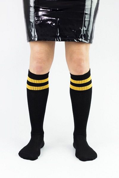 Design Socks Дамски жълти раирани памучни чорапи до коляното, черни - Чорапи с шарки