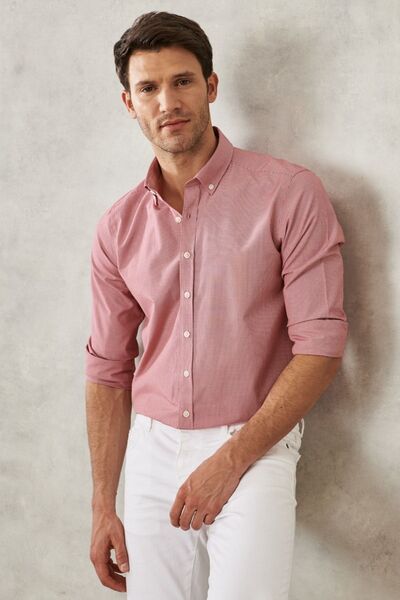 AC&Co / Altınyıldız Classics Férfi piros karcsú szabású keskeny szabású oxfordi gombos galléros gingham pamut ing