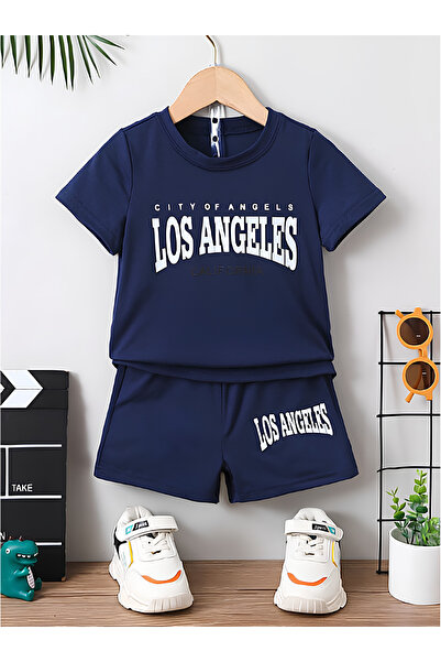 BEETON طقم تي شيرت وشورت للأطفال باللون الأزرق الداكن بنمط لوس أنجلوس كاليفور...
