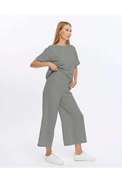 İkmal Oversize Tshirt ve Pantolon Kadın Bej Ikili Keten Takım