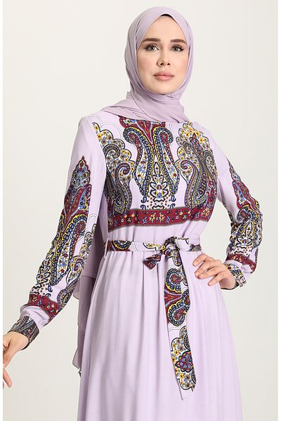 sefamerve Lilac Viscose Dress - Patterned and Belted 60199-03