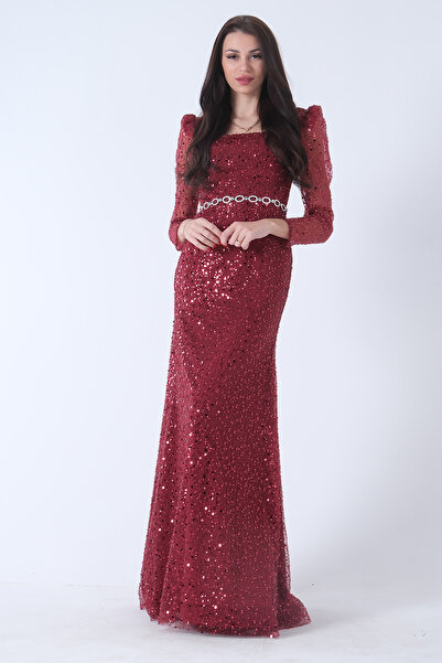 Feminist Kare Yaka Kolları Transparan Abiye Elbise Bordo 9705196