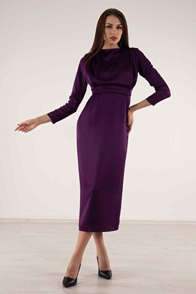 Feminist Üzeri Pilise Detaylı Saten Tesettür Abiye Elbise Mor 6502300
