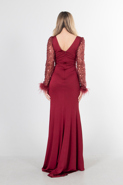Feminist Sleeve Transparent Stone Embroidered Evening Dress Claret Red9705051