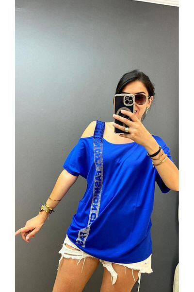 citycenterfashion Plus Size One-Shoulder Stone Detailed City Fashion Blouse - Low Sleeve cty-cnd-06