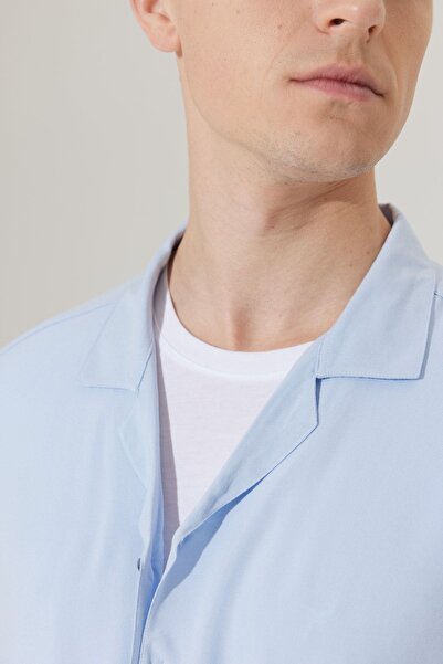 ALTINYILDIZ CLASSICS Cămașă cu mânecă scurtă pentru bărbați, albastru deschis, slim fit, cu guler cubanez