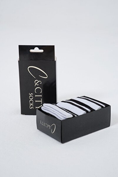 C&City Черни мъжки комплект дълги чорапи на райета от 3 части