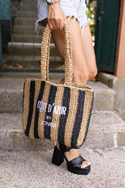 ANGELİNA JONES COOSH Women - Γυμνή μαύρη ριγέ τσάντα Raffia Straw