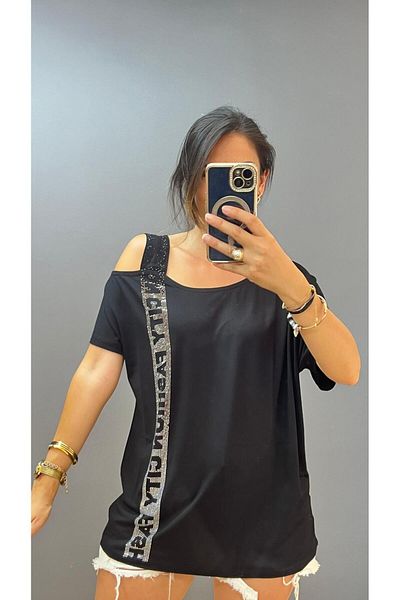 citycenterfashion Μπλούζα City Fashion με πέτρα με έναν ώμο σε μεγάλο μέγεθος - Χαμηλό μανίκι cty-cnd-06