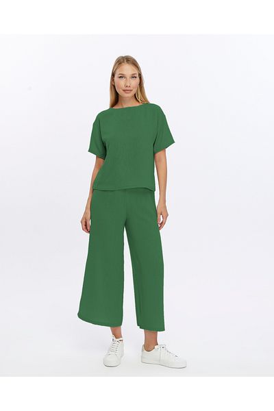 İkmal Beige Linen Set - Oversize T-shirt and Trousers Women's Set