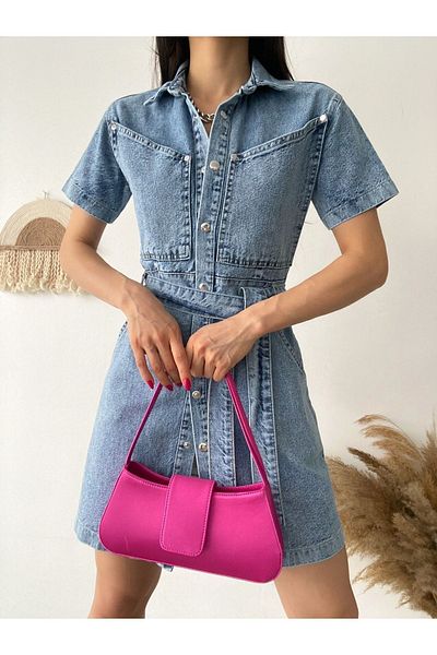 Noa Noa Rochie asimetrică de denim cu mânecă scurtă, cu curea