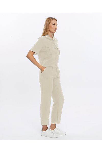 İkmal Beige Linen Set - Shirt, Jacket and Pants Women